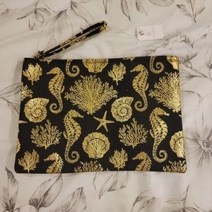 Metallic Seahorse and Starfish Print Canvas Pouch Wristlet, Brand New